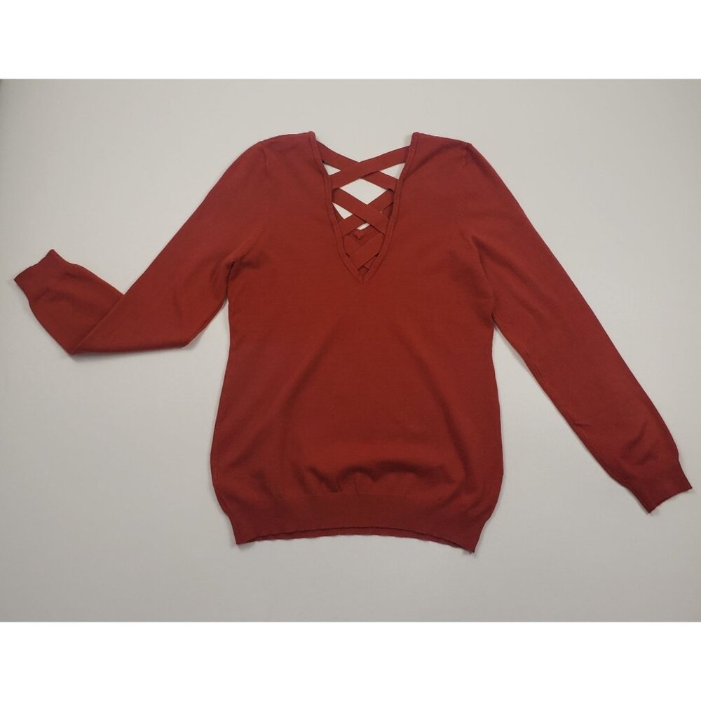 Love Ellie Womens Size Medium Criss Cross Back V-Neck Sweater Fall Rust Knit Top - Picture 9 of 11